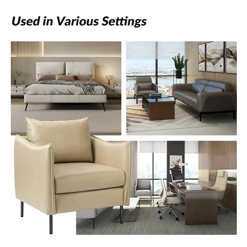Modern Accent Chair – Black / Brown / Grey / Camel / Navy / Beige, Vegan Leather, Metal Legs, Seats 1
