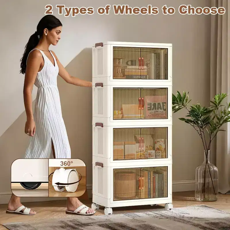 Stackable 4-Layer Storage Boxes, Plastic Storage Cabinet Capacity, with Door and Wheels for Storing Food