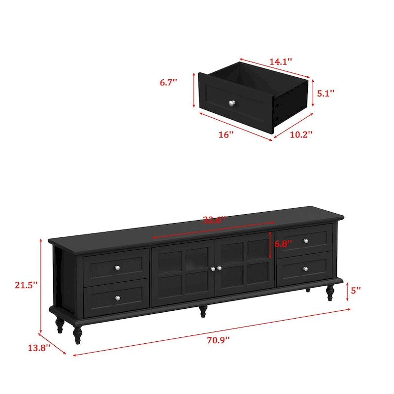 70.9-Inch TV Stand – White, Modern Style, Tempered Glass Doors & 4 Drawers