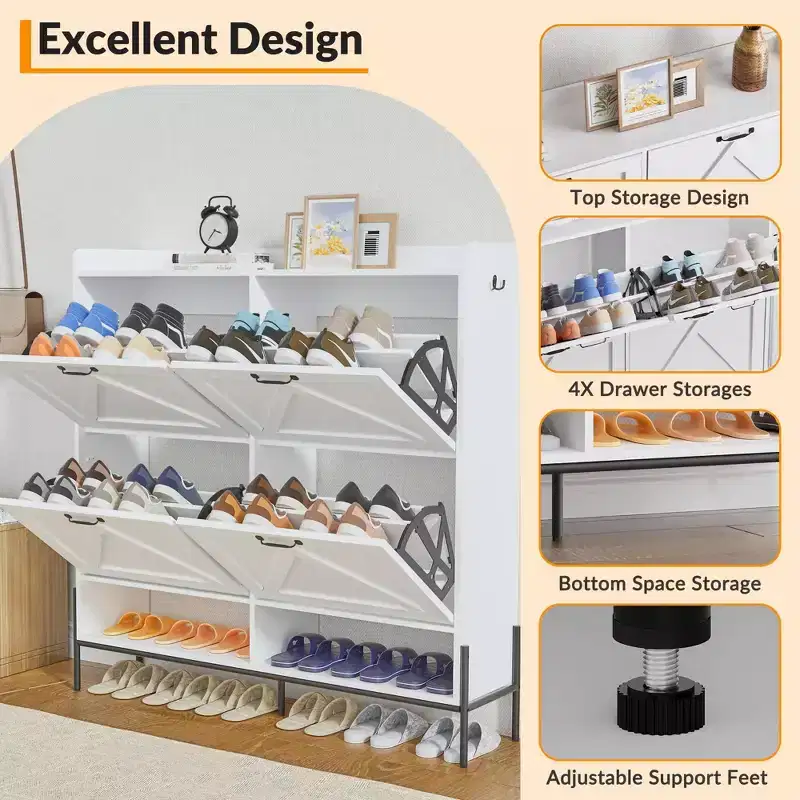 Shoe Cabinet with 4 Flip-Up Drawers Hidden Shoe Storage Cabinet with Open Storage for Entryway Hallway Bedroom Shoe Organizer Cabinet
