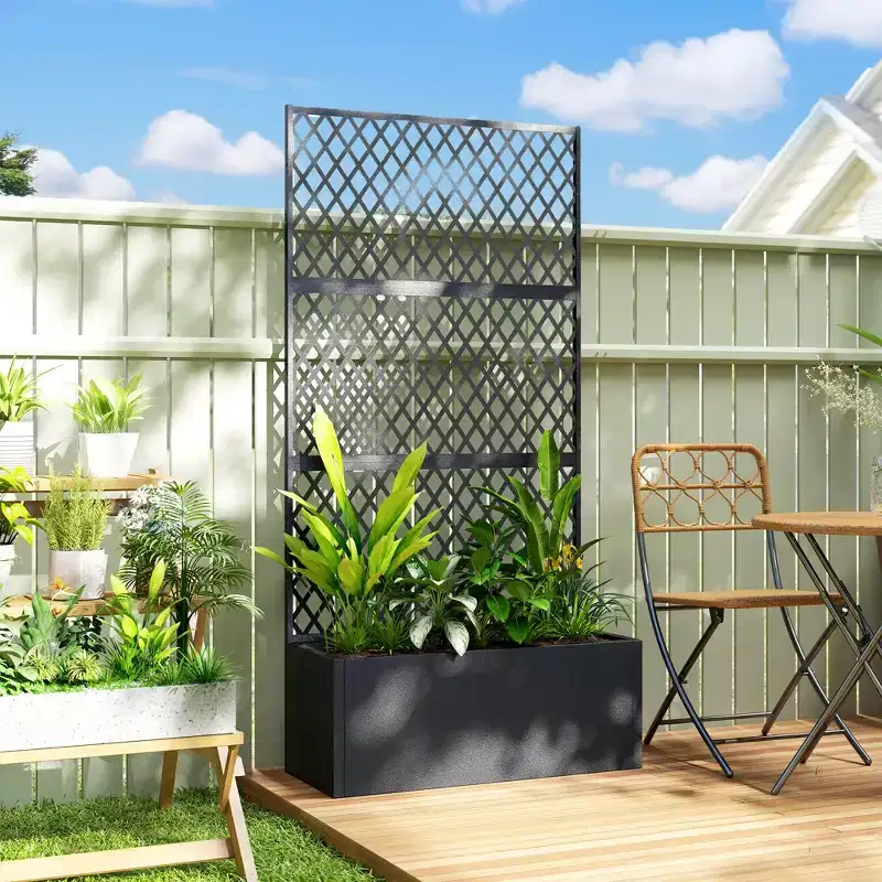 Outsunny Metal Planter Box with Trellis, Raised Garden Bed with Trellis Privacy Screen for Climbing Plants, Diamond Lattice Privacy Planter