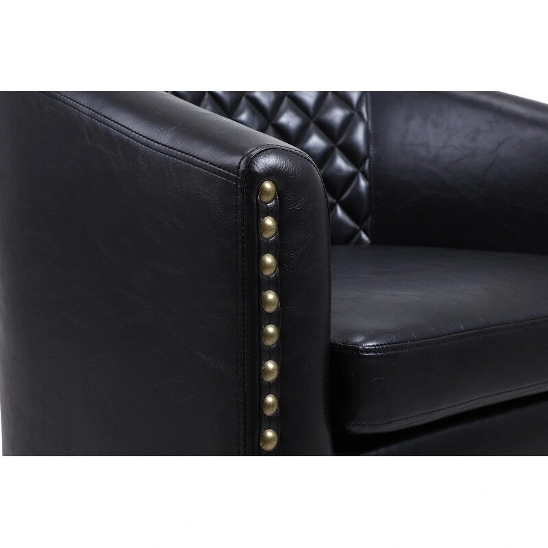 Barrel Accent Chair – Black / Brown / White, PU Leather, Nailhead Trim, Solid Wood Legs, Seats 1