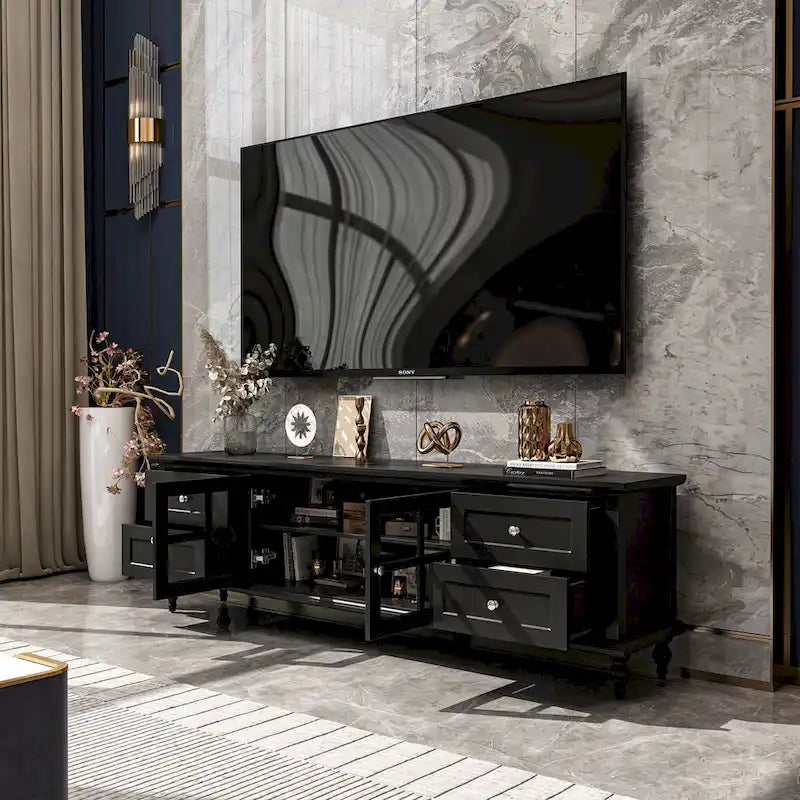 70.9-Inch TV Stand – White, Modern Style, Tempered Glass Doors & 4 Drawers