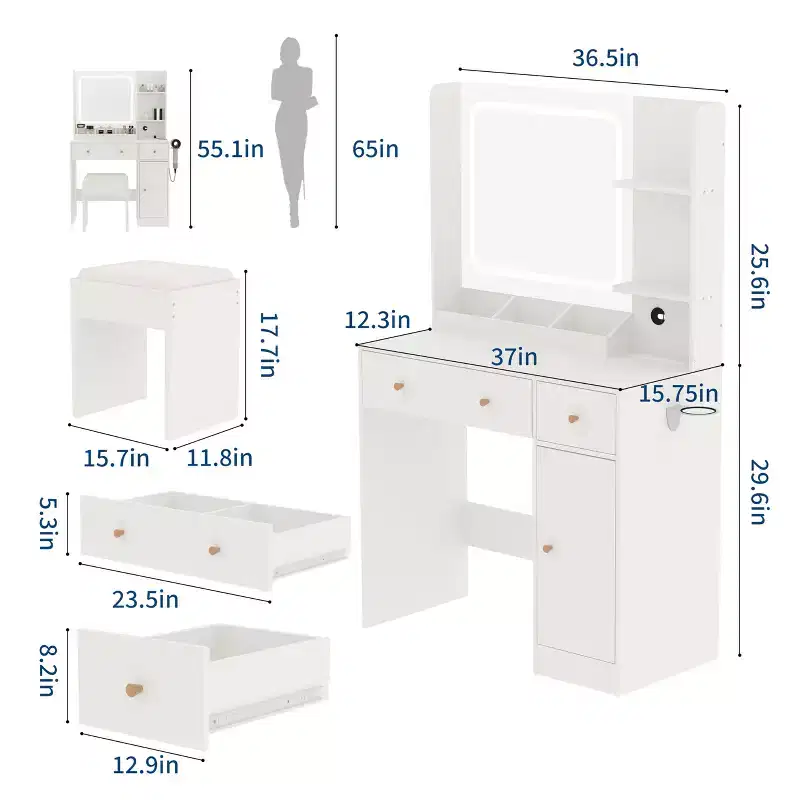COZONY Makeup Vanity with Lights & Mirror, Vanity Table with Charging Station, Hair Dryer Holder, Storage Drawers & Shelves, Upholstered Stool