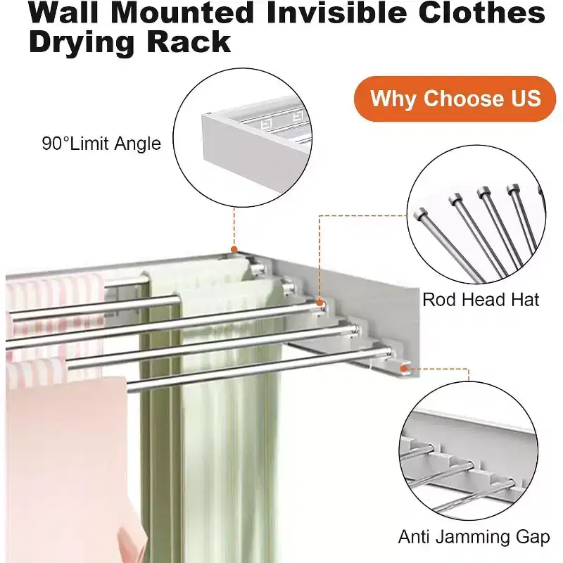 Clothes Drying Rack Wall Mounted,Foldable Laundry Drying Rack Collapsible Indoor,Space Saving Retractable Towel Rack with Wall Template,6 Rods 40 Inch