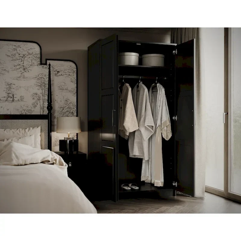 100% Solid Wood 2-Door Urban Wardrobe Armoire with Solid and Mirrored Doors