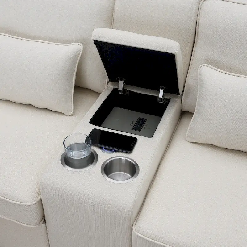 114.2 Upholstered Sofa with Console, Cup Holders and USB Charging