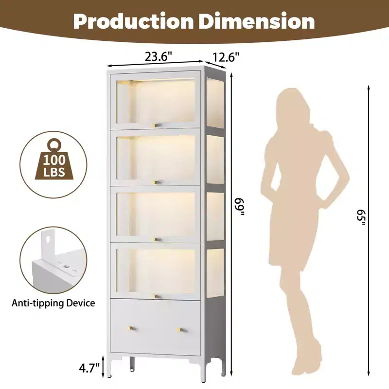 Bekrvio 67 Glass Doors Display Cabinet with Drawer & 13-Color RGB LED Lights, 5-Tier Metal Curio Cabinet for Collectibles, Figure, Toys, Books