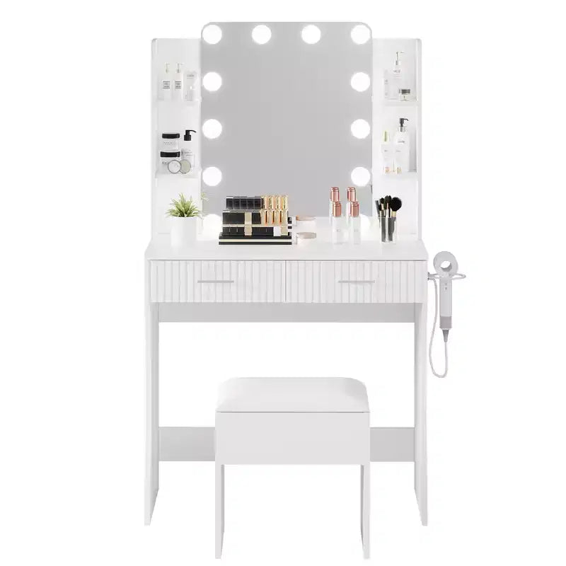 Garvee Makeup Vanity Desk with Mirror and 12 LED Lights, Modern Dressing Table Furniture with Hair Dryer Holder Stool for Bedroom
