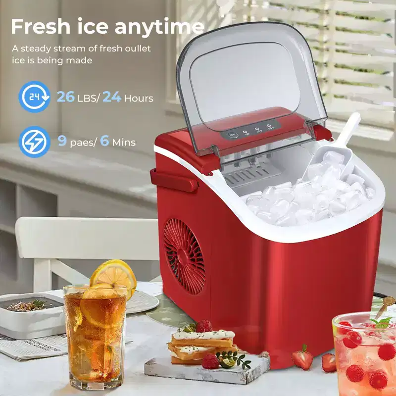 Portable Ice Maker,Countertop Model,Self-Cleaning,26.5lbs/24Hrs,6 Mins/9 Pcs Bullet Ice,Includes Ice Scoop and Basket