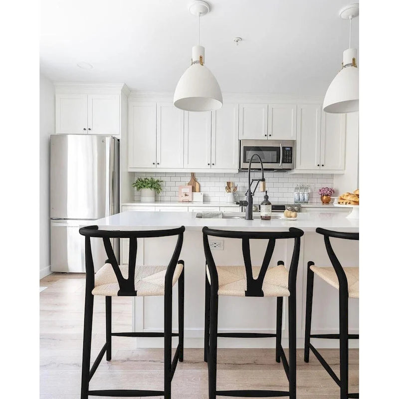Solid Wood Countertop Height Barstool with Open Y Back, Farmhouse Woven Seat