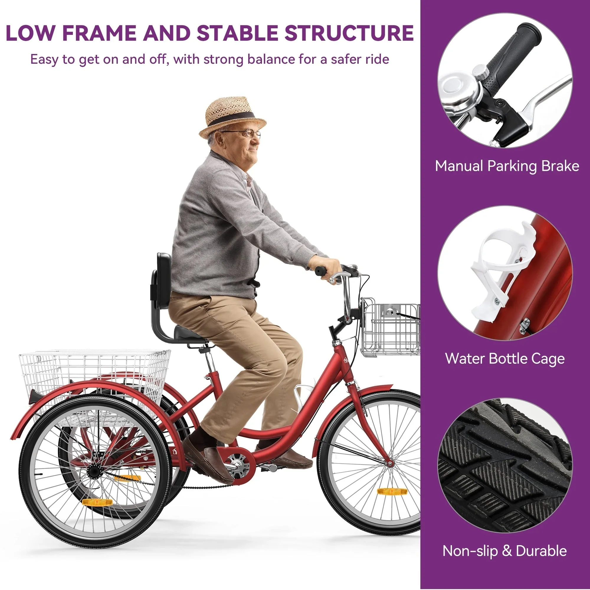 26 Blue Adult Tricycle 3 Wheel Bikes with Removable Baskets