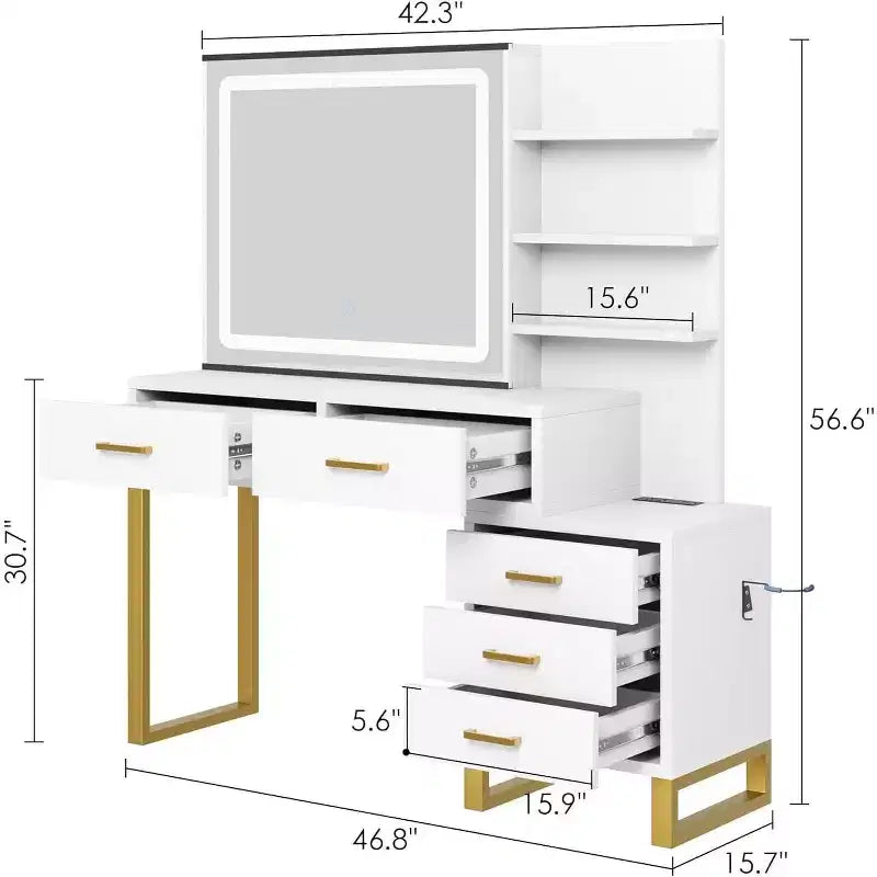 Makeup Vanity Desk with Sliding Mirror and Lights, Large Dressing Table with Charging Station,3 Lighting Modes, 5 Drawers and 3 Tiers of Open Shelves