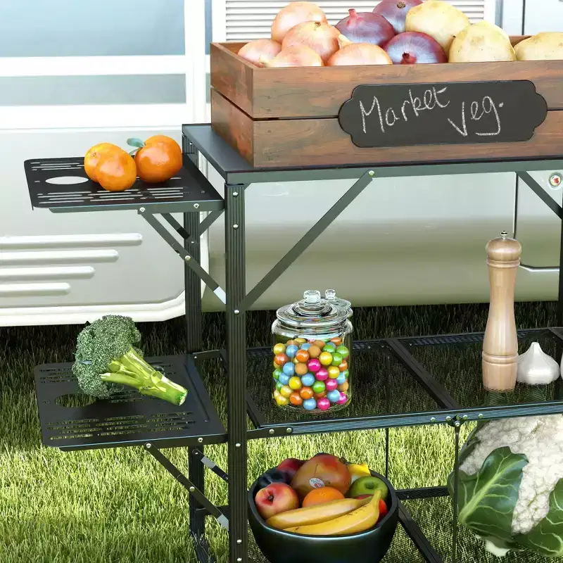 Outsunny Folding Camp Kitchen, Camping Table Cooking Station with Adjustable Lamp Stand