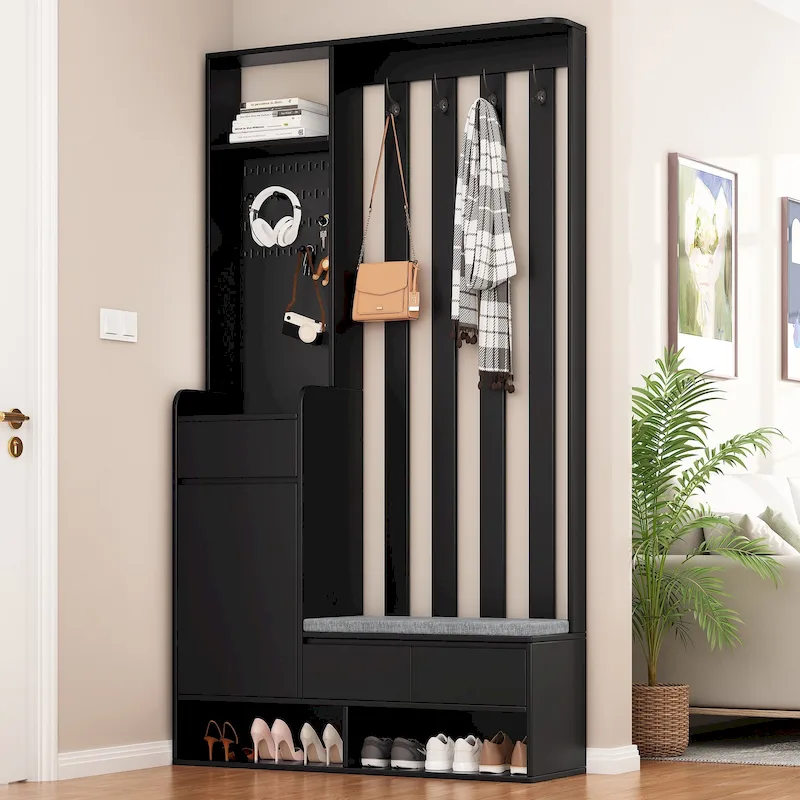 39.3Wx70.8H Hall Tree Storage with Cushioned Storage Bench,Multifunctional Hallway Shoe Cabinet,Pegboard,Coat Rack,4 Hooks