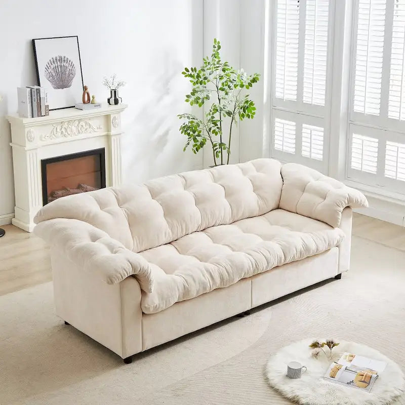 99-Inch Deep Seat Sofa – Yellow / Beige / Grey / Green, Chenille, Solid Wood Frame, Seats 3
