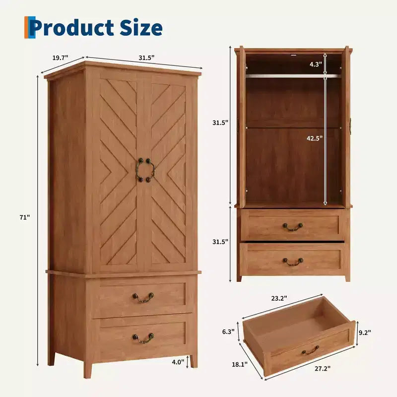 Wood Armoire Wardrobe Closet with 2 Drawers, 71''H Clothing Storage Cabinet with Metal Handing Rod, Armoire Clothes Organizer for Bedroom, Cloak Room