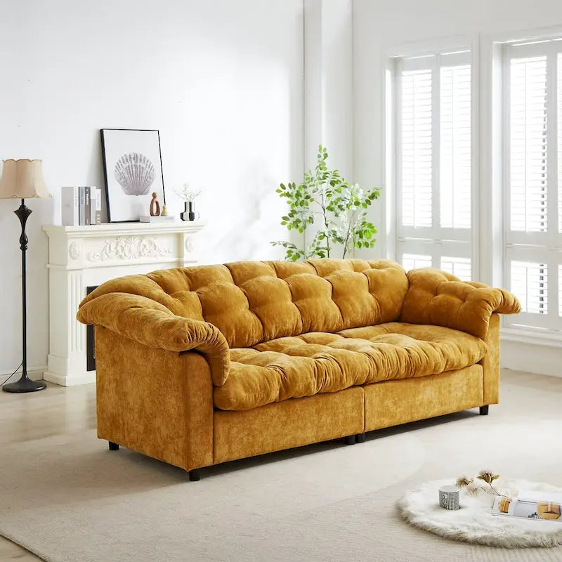 99-Inch Deep Seat Sofa – Yellow / Beige / Grey / Green, Chenille, Solid Wood Frame, Seats 3