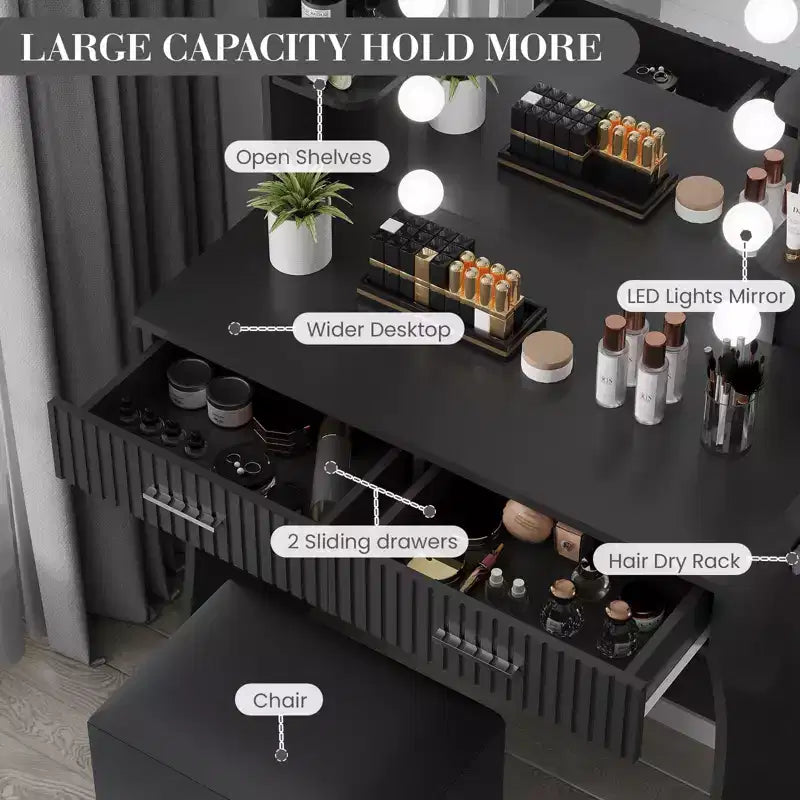 Makeup Vanity Desk with Mirror and Lights, Vanity Table with 2 Drawers, 6 Shelves, Hair Dryer Holder & Stool,Dressing Table Furniture for Bedroom