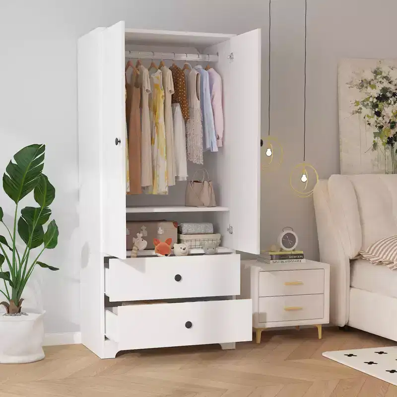 2-Door Wardrobe Storage Cabinet, Flat Panel MDF Sideboard Buffet Cabinet for Bedroom, Dining Room and Home
