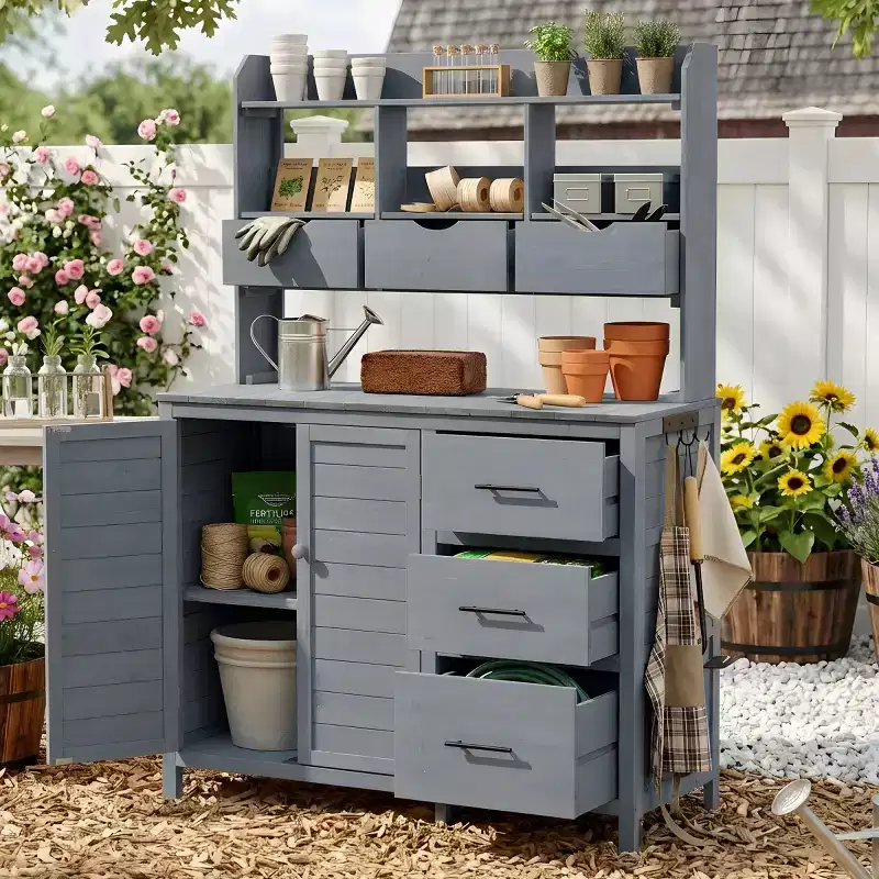 Farmhouse Potting Bench for Gardening, 65 Freestanding Garden Workstation with 6 Drawers, Cabinet, and Side Hook-Panipeachy