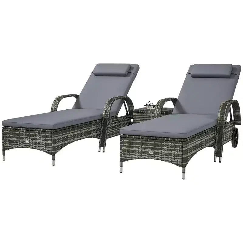 Patio Wicker Chaise Lounge Chair Set of 2 with Table, Adjustable Backrest, Wheels, Cushion & Headrest