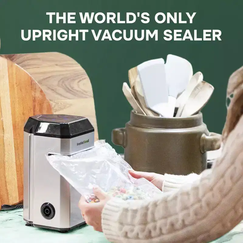 InstaSeal Vacuum Sealer Food Saver Bag Sealer Machine Upright Suction Base With 50 Food Safe Storage Bags