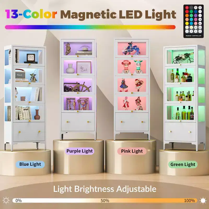 Bekrvio 67 Glass Doors Display Cabinet with Drawer & 13-Color RGB LED Lights, 5-Tier Metal Curio Cabinet for Collectibles, Figure, Toys, Books