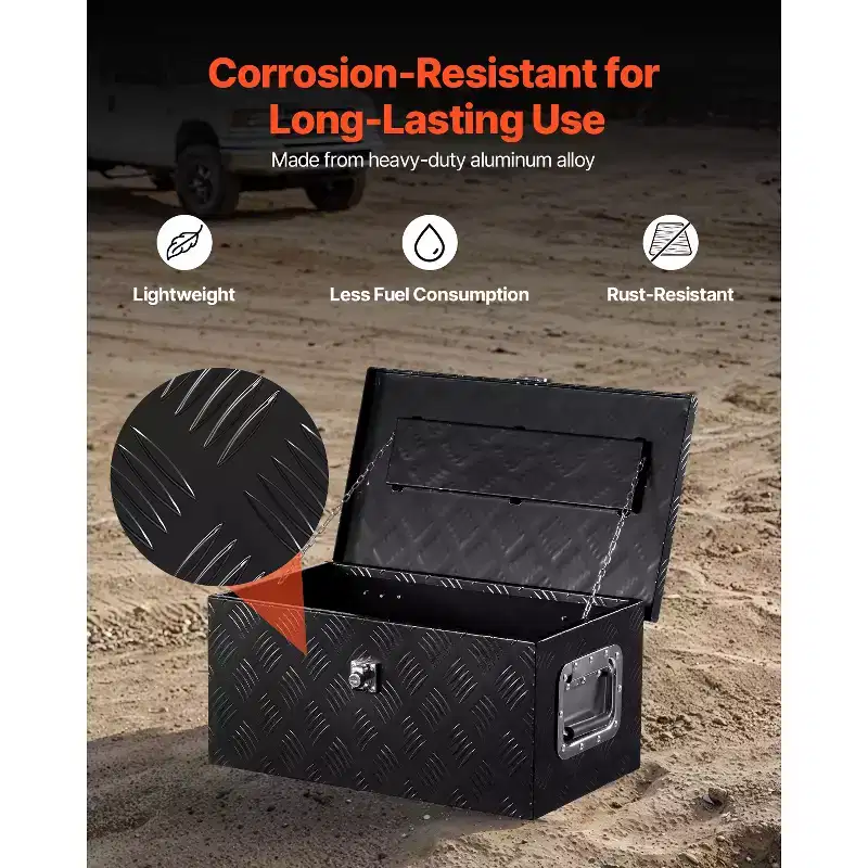 VEVOR Heavy Duty Aluminum Truck Bed Tool Box, Stripes Plated Tool Box with Side Handle and Lock Keys, Storage Toolbox Chest Organizer, Black