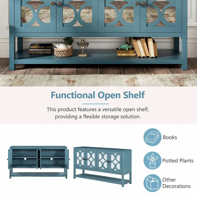 Elegant Retro Console Table with Mirrored Doors, Spacious Shelves and Durable Acacia Wood Legs