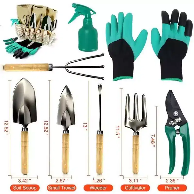 SCUDDLES Heavy Duty Garden Tool Bag with Outdoor Hand Tools - Stainless Steel Garden Tool Kit, Gloves, and Storage Tote (8-Piece Set)
