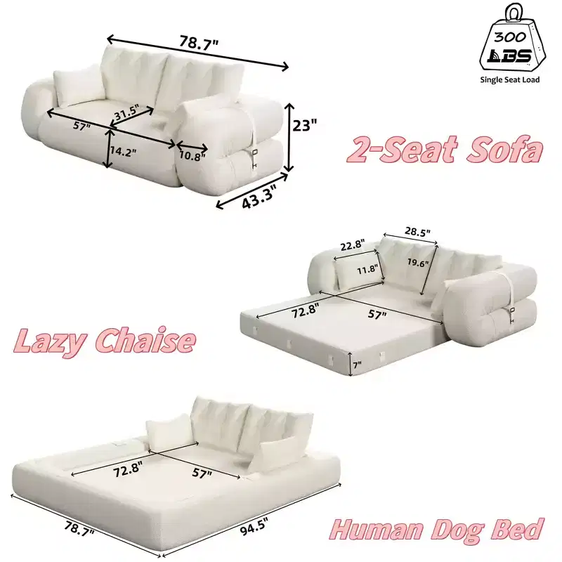 78.7 Inch Multifunctional Foldable Sofa Bed, 3-in-1 Teddy Fabric Foam Filled, Beige