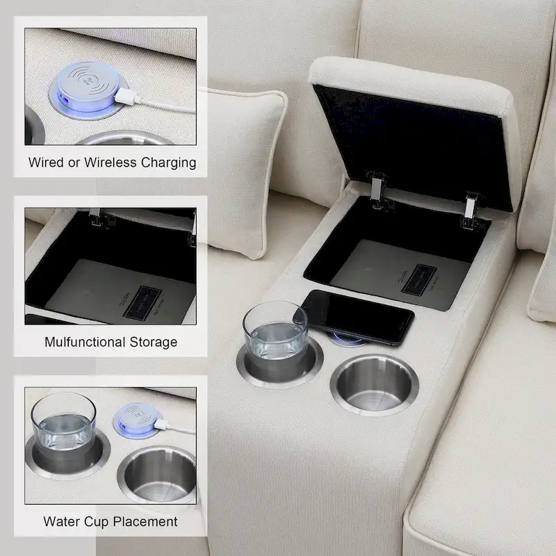 114.2 Upholstered Sofa with Console, Cup Holders and USB Charging