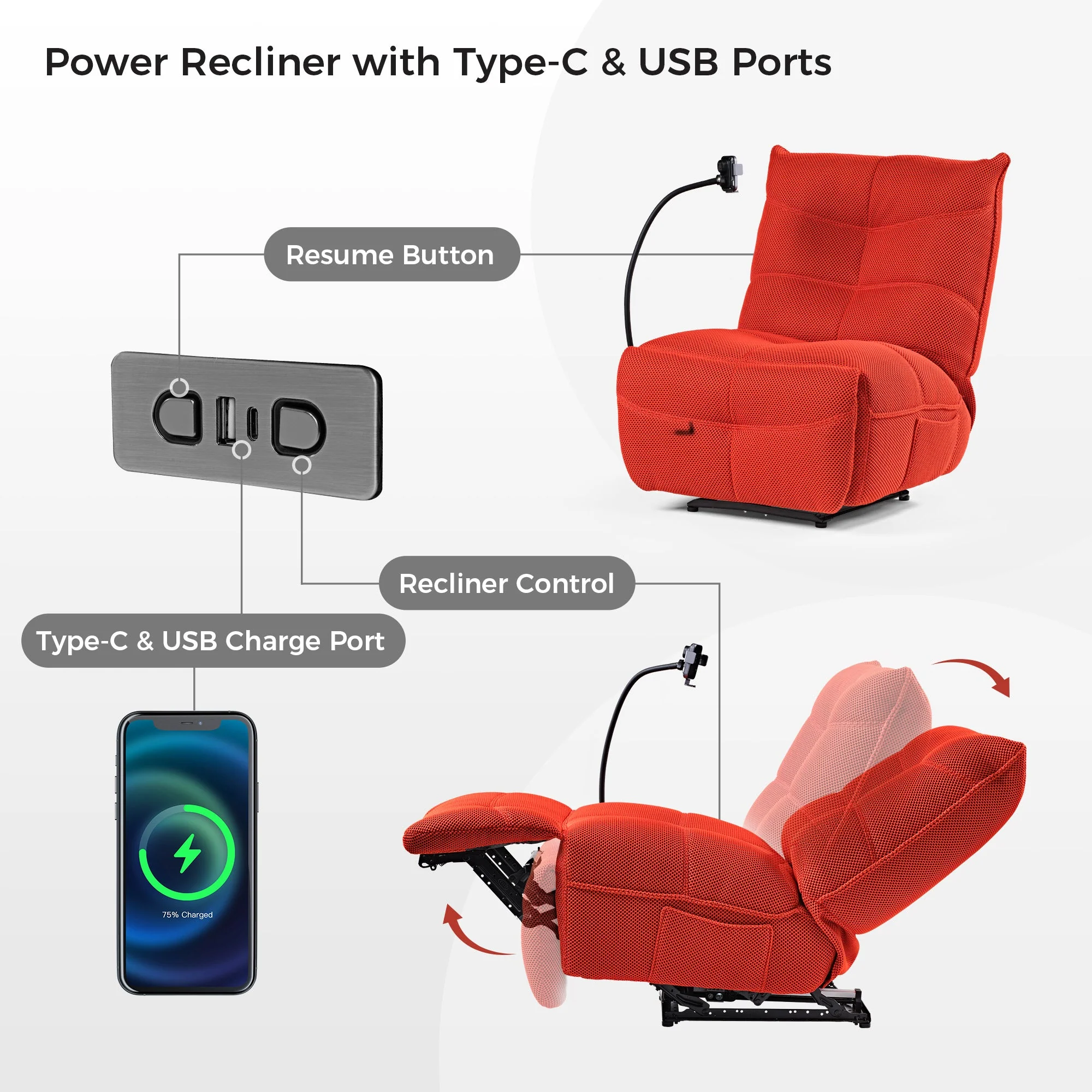 Recliner with Wireless Charging and USB Port