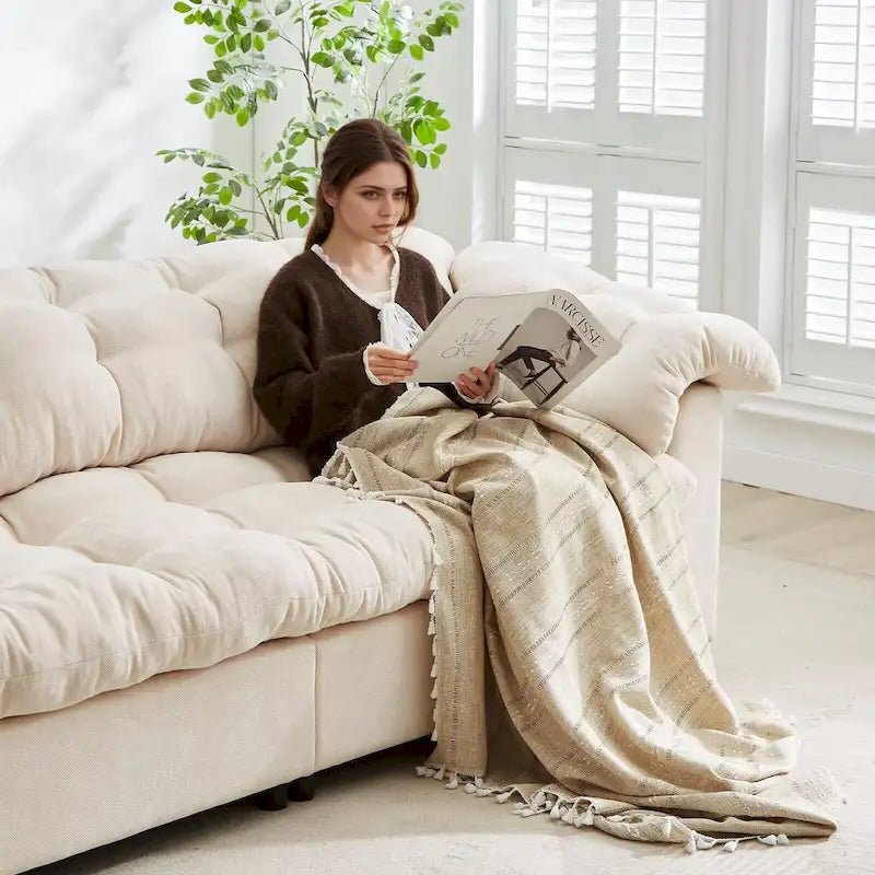99-Inch Deep Seat Sofa – Yellow / Beige / Grey / Green, Chenille, Solid Wood Frame, Seats 3