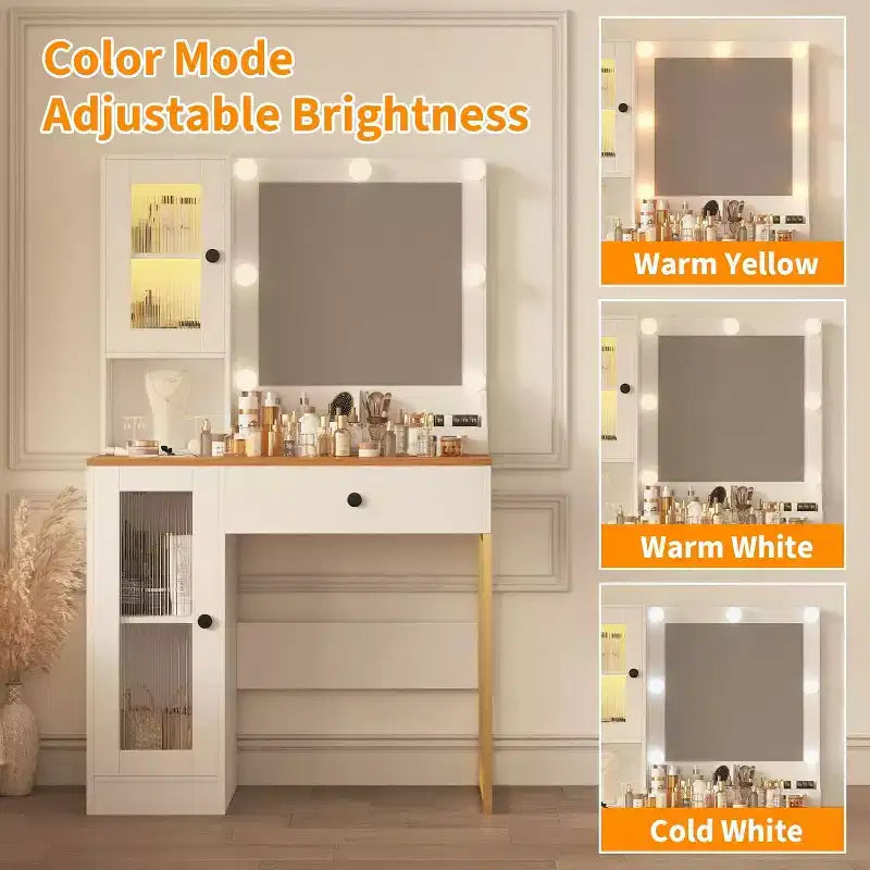 Vanity Desk with Mirror, 3 Lighting Modes Lights, Built-in Outlets & USB Ports, Spacious Drawers & Storage Cabinet, Makeup Dressing Table for Bedroom