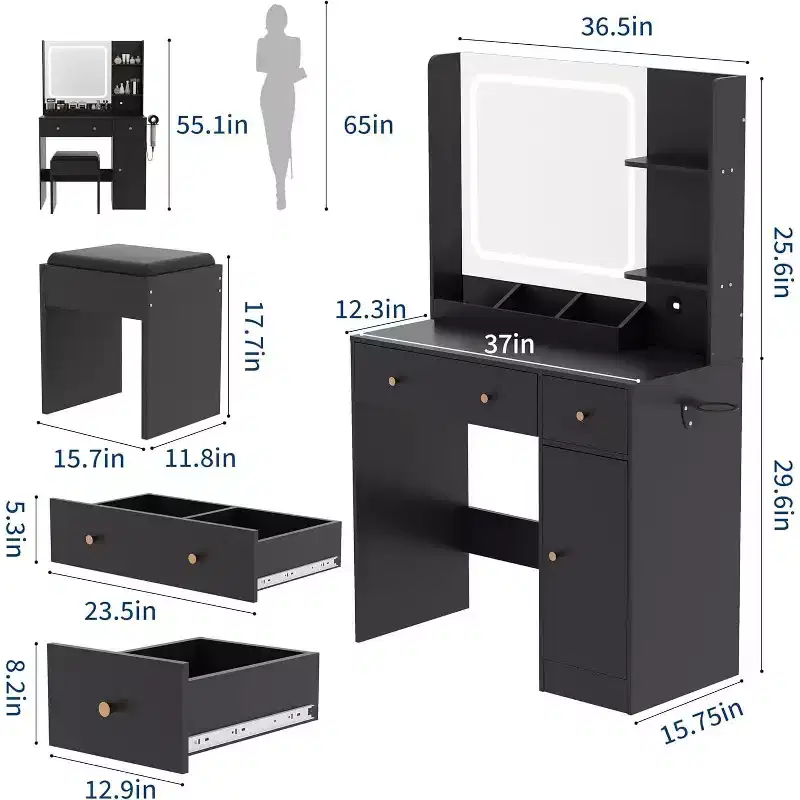 Vanity Desk with Mirror and Lights, Makeup Vanity Table Set with Power Hub, 3 Lighting Modes, Drawers & Storage Shelves, Dressing Table for Bedroom