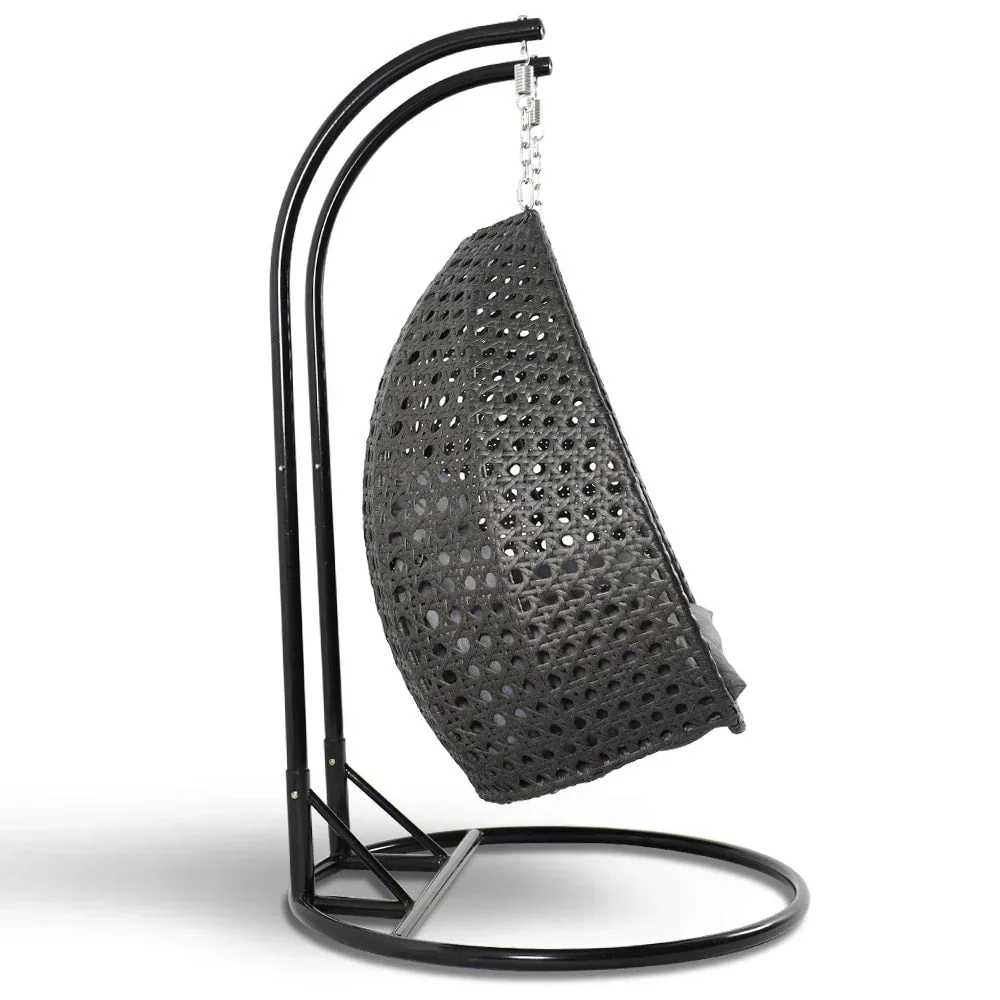 LeisureMod 2 Person Hanging Egg Chair with Stand - Outdoor/Indoor Rattan Wicker Patio Swing Hammock Lounger with Cushions