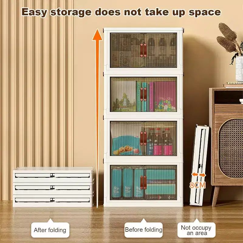 Stackable 4-Layer Storage Boxes, Plastic Storage Cabinet Capacity, with Door and Wheels for Storing Food