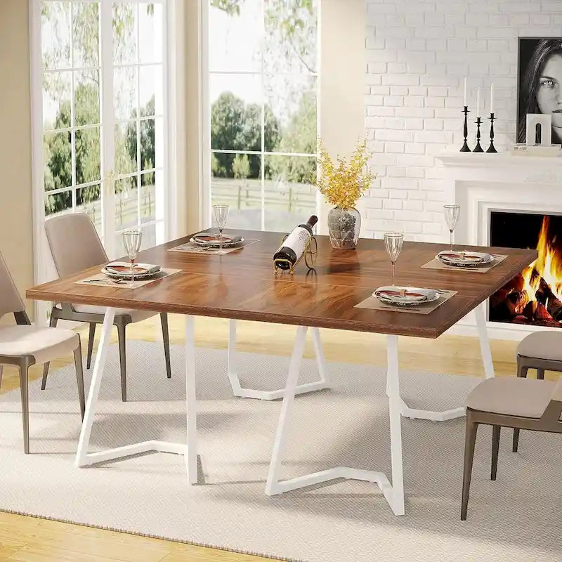 Natural Wood Tone Rectangle Dining Table with Metal Frame for 2–4 Person, 55