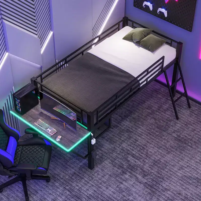 Twin Gaming Loft Bed with Desk & LED Lights, Black Metal Mid Loft Bed with Storage for Kids Teens, eSports-Inspired Design