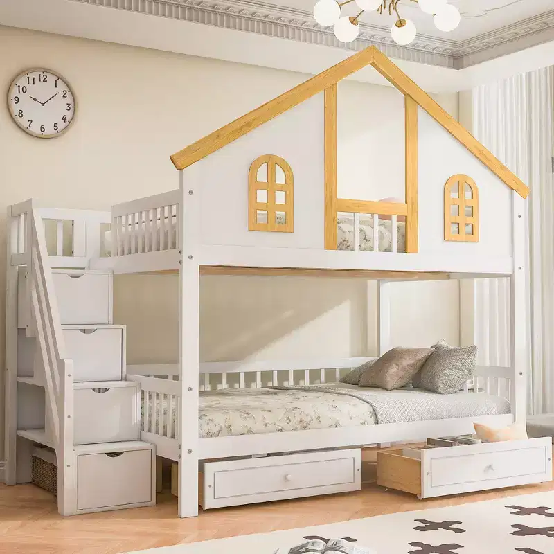 Whisen Twin Size Bunk Bed with Window Door and Roof, Storage Drawers and Staircase