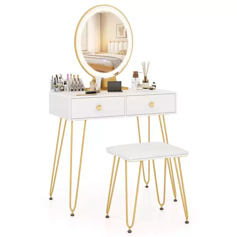 Vanity Makeup Dressing Table with 3 Lighting Modes Mirror Touch Switch White
