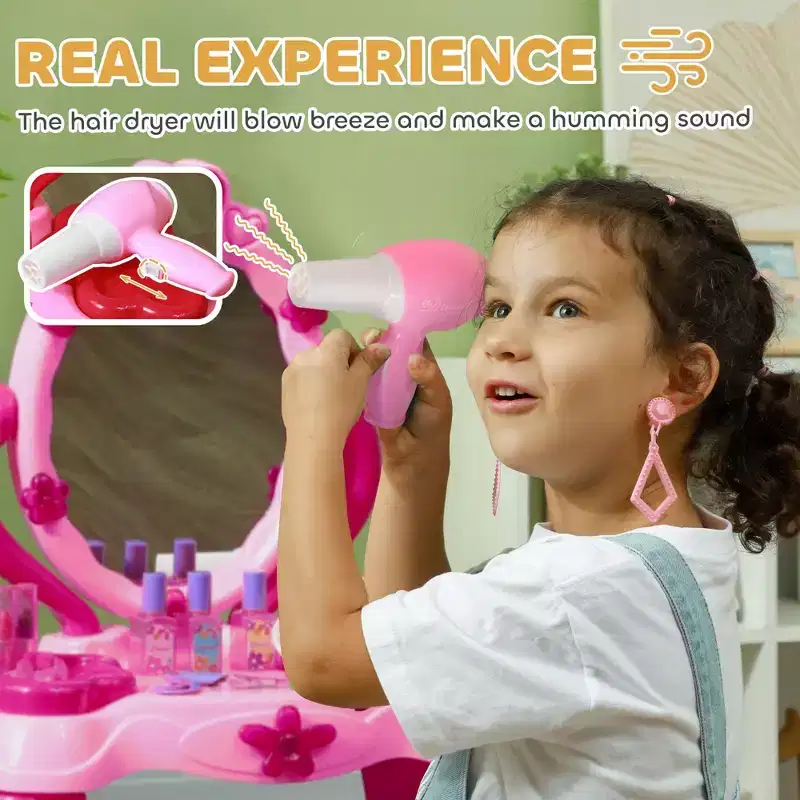 Kids Vanity Table Set with Light-Up Mirror Stool and 15 Accessories Pink