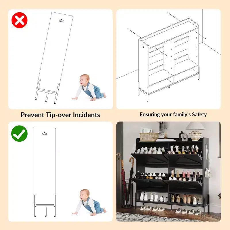 Shoe Cabinet with 4 Flip-Up Drawers Hidden Shoe Storage Cabinet with Open Storage for Entryway Hallway Bedroom Shoe Organizer Cabinet