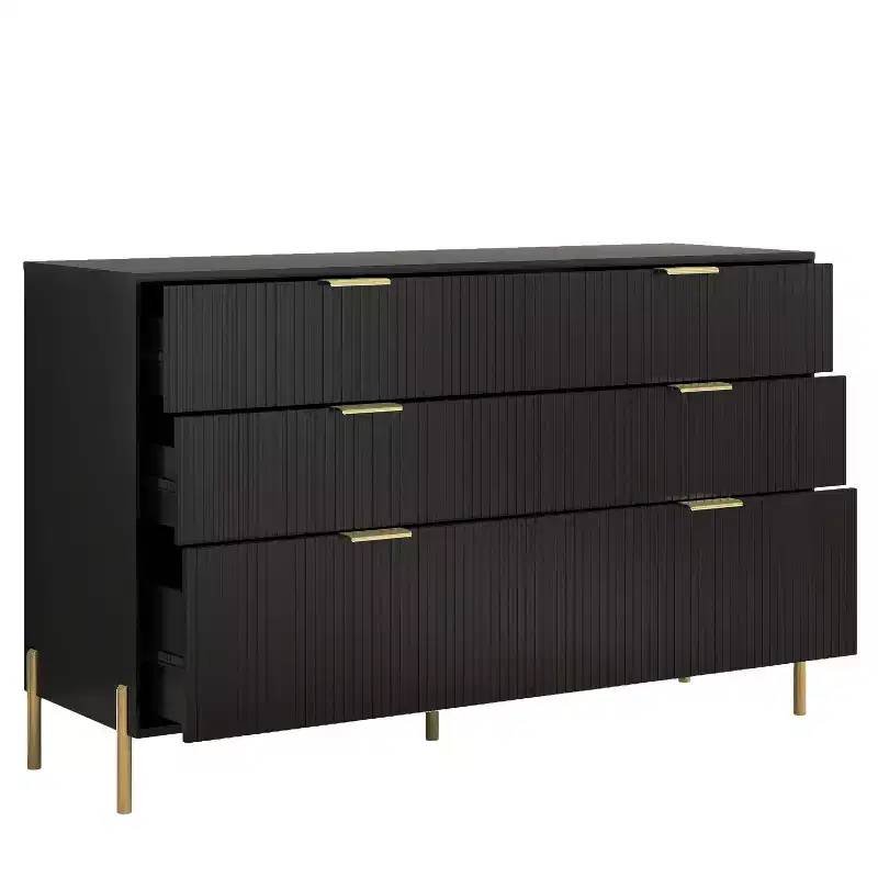 6 Drawer Dresser with Gold Legs Modern Ribbed Design for Bedroom