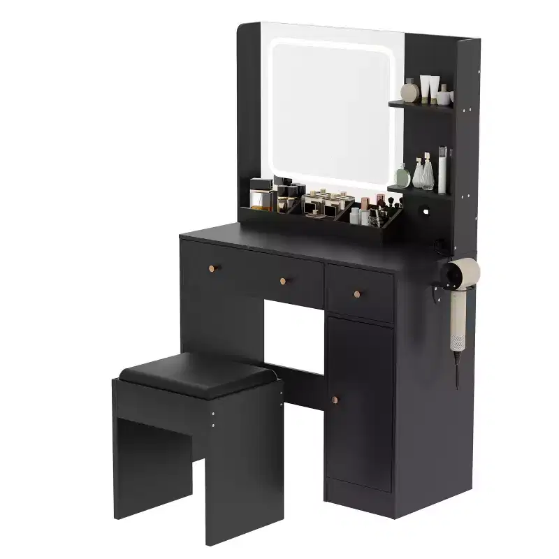 COZONY Makeup Vanity with Lights & Mirror, Vanity Table with Charging Station, Hair Dryer Holder, Storage Drawers & Shelves, Upholstered Stool