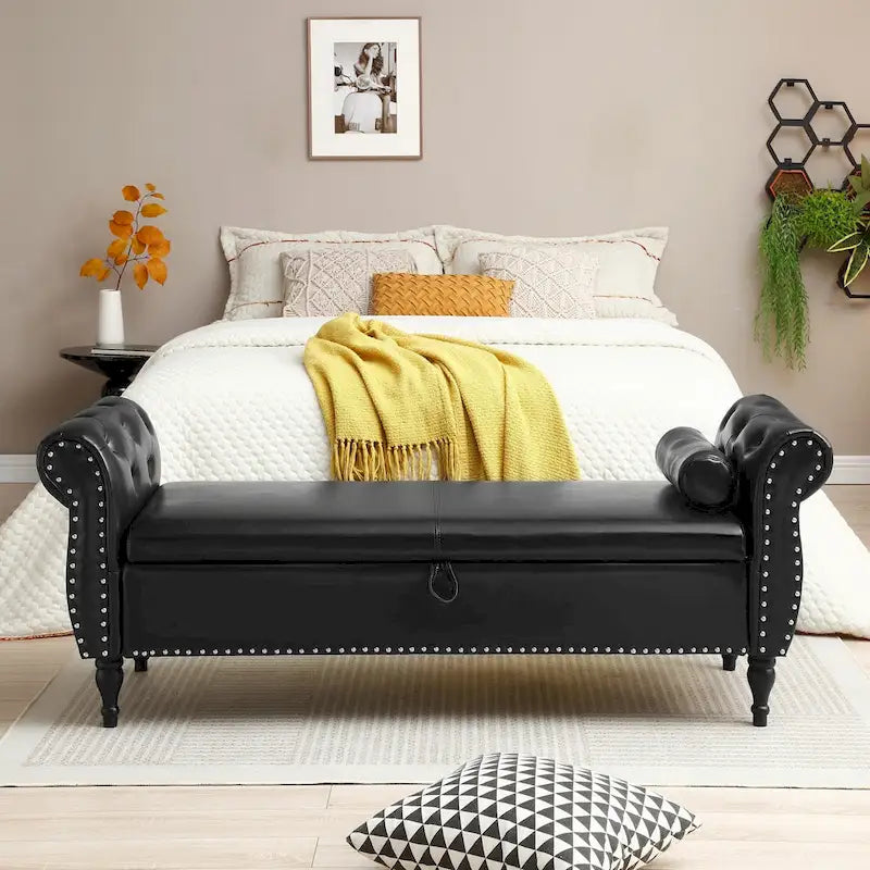 Upholstered Storage Ottoman Bench – Brown / Beige / Blue / Black / Grey / Pink, Velvet, Rolled Arms, Seats 2
