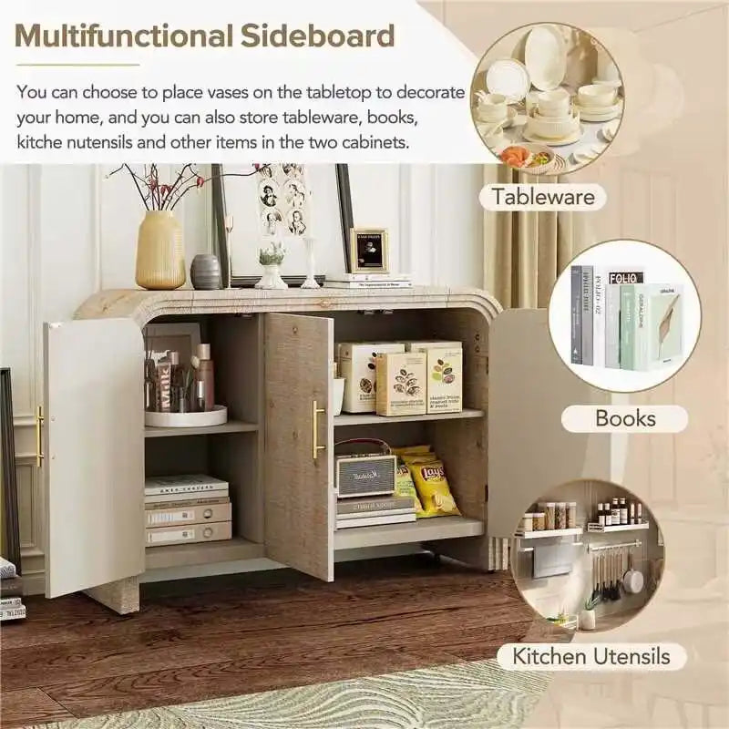 Natural Wood Wash / Antique Black Curved 3-Door Sideboard with Adjustable Shelves for 1–2 Person