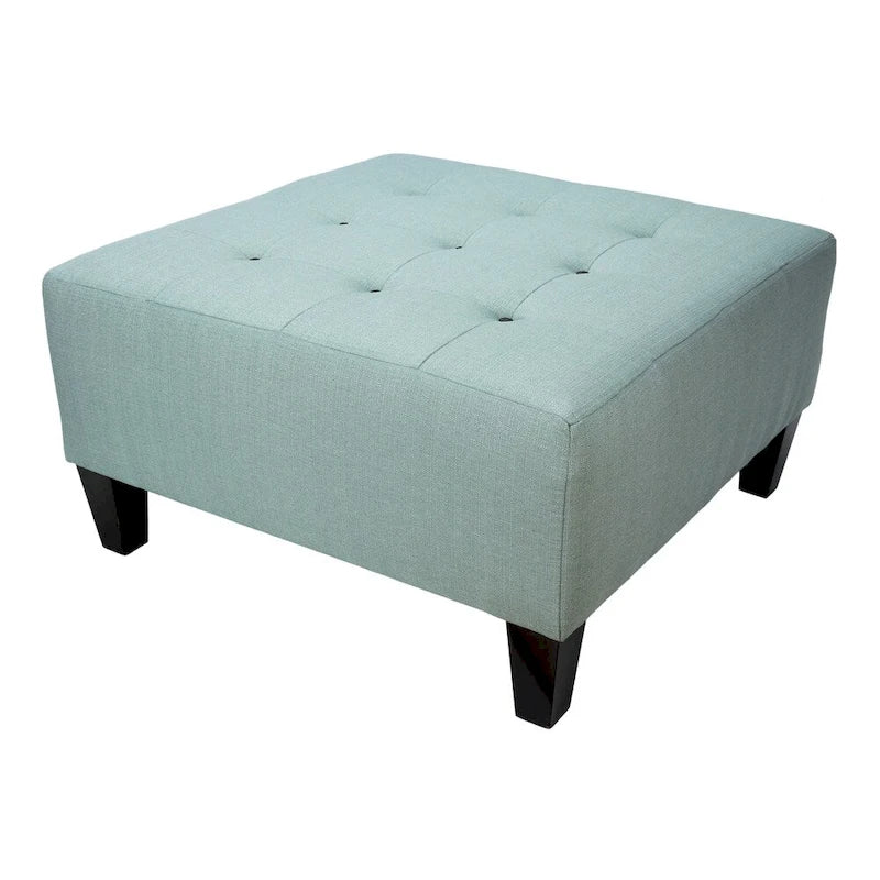 Button Tufted Upholstered Square Ottoman | Blue | Modern Accent Footrest